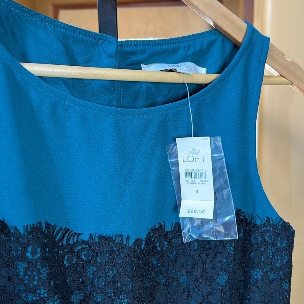 LOFT Teal & Black Lace Sleeveless Fit Flare Dress Size 4 NWT Cocktail - Picture 3 of 9